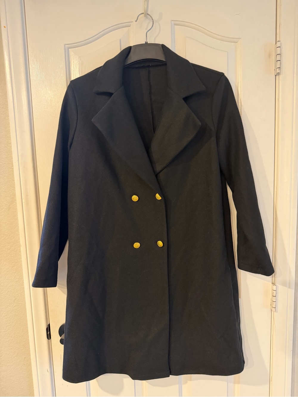 SHEIN Black Double-Breasted Pea Coat with Gold Buttons